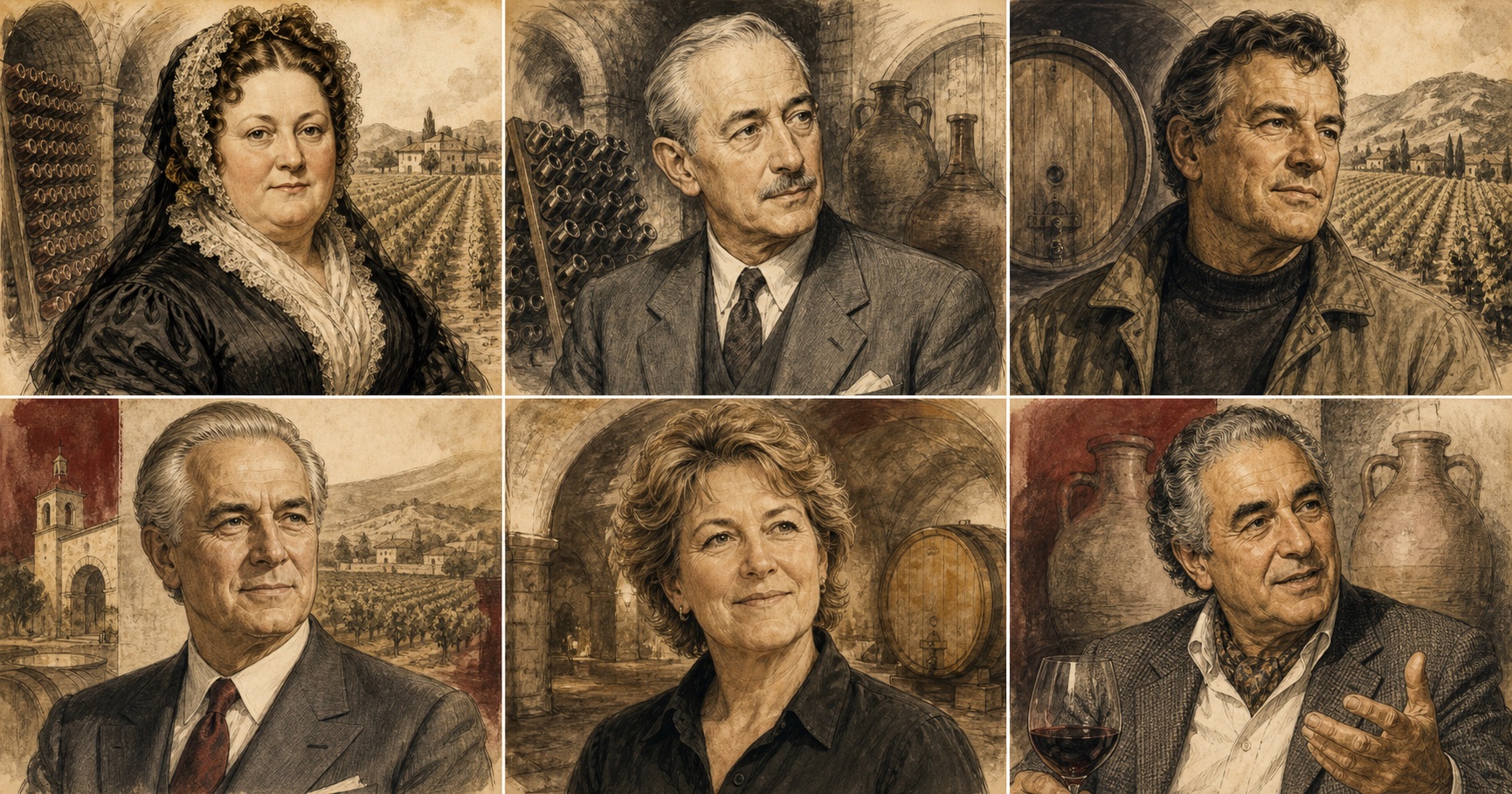 Interpretive portrait wall representing influential winemakers
